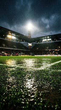 Soccer stadium field with white markings under bright floodlights on a rainy night green grass reflecting light perfect for sports advertising and football