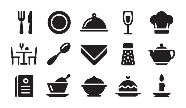Food and drink icons set for restaurant menu and culinary design on white background.