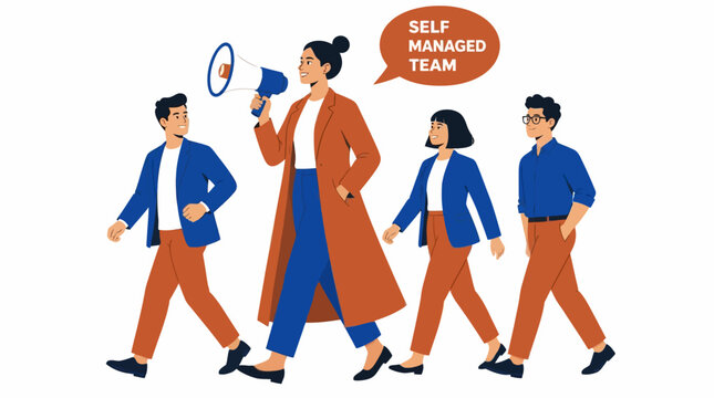 Illustrated team walking with self managed team sign.