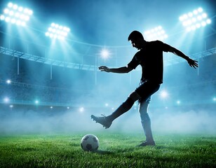 Naklejka premium Silhouette of soccer player kicking ball on green field under bright stadium lights at night