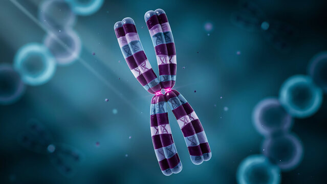 Chromosome with purple and white bands and pink centromere in a blue background with DNA double helix structures  genetic material concept