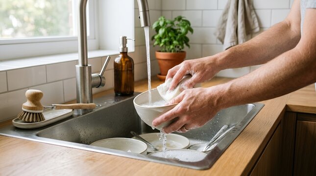 Washing dishes in kitchen sink, household chores cleaning
