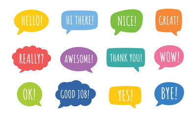 Colorful playful speech bubbles with short text greetings set © Ashabe Kahf