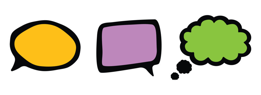 Colorful hand drawn speech bubbles and thought bubble with thick black outline