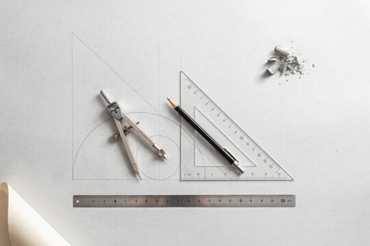 Technical setup on a white surface featuring a metal compass, a transparent plastic triangle ruler, a pencil, and a metal ruler