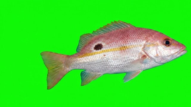 Fish Video of one Lane snapper are swimming on the green screen background