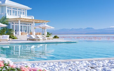 Fototapeta premium Luxurious Resort with Pool Overlooking Atacama Desert Salt Flats