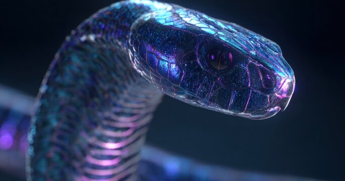 Close up of a vibrant snake with iridescent scales artistic lighting effect