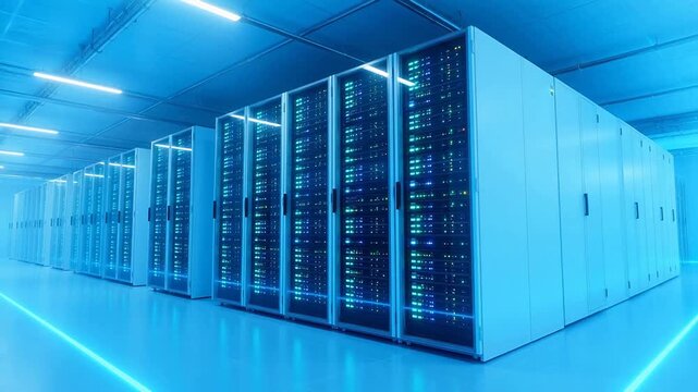 Rows of server racks in a data center