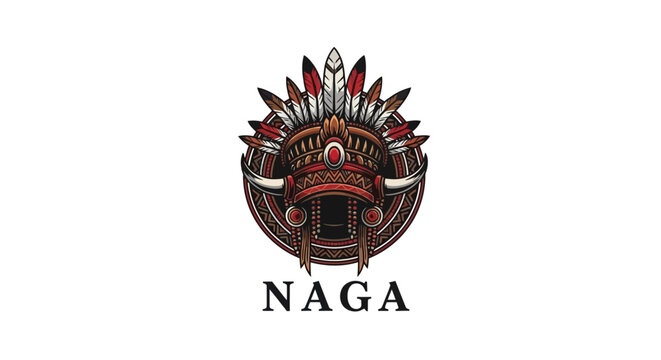 Naga warrior logo with tribal feathered headdress.