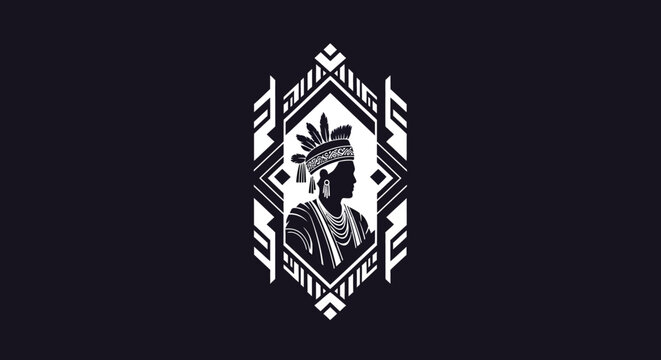 Native American chief portrait in decorative geometric frame.