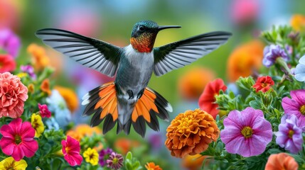 Fototapeta premium Colorful Hummingbird Hovering in Midair Surrounded by Vibrant Flowers in Brilliant Nature Scene