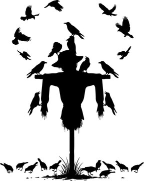 Black and White Silhouette Vector Illustration of a Spooky Scarecrow Surrounded by a Flock of Crows and Ravens