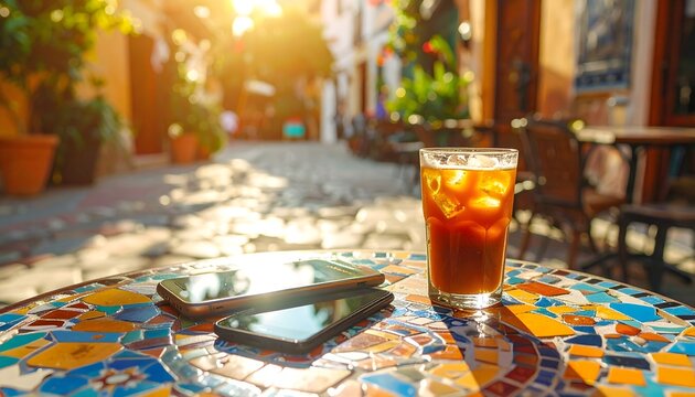 Vaso de bebida fr&iacute;a con hielo sobre mesa de mosaico en terraza soleada con tel&eacute;fono m&oacute;vil en ambiente de verano