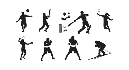 Obraz premium Sports performance silhouettes featuring cricket and boxing athletes plus other dynamic movement activity icons.