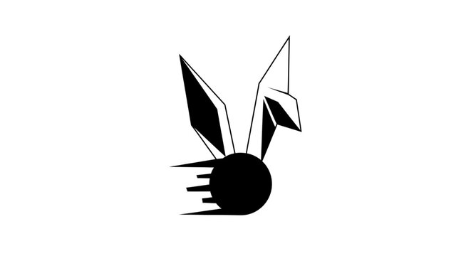 A minimalist black and white graphic illustration of a stylized rabbit head shape