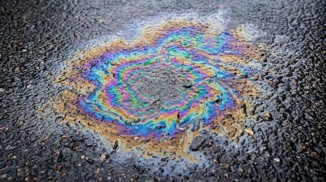 Oil slick rainbow pattern on wet asphalt road surface, abstract environmental pollution texture, chemical spill background for industrial and ecological concepts