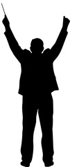 Fototapeta premium Black Silhouette of an Orchestra Conductor from Behind with Arms Raised and Baton