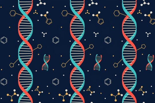 Seamless pattern of vertical dna double helix strands and chemical molecular structures on a dark blue background, for science and biology