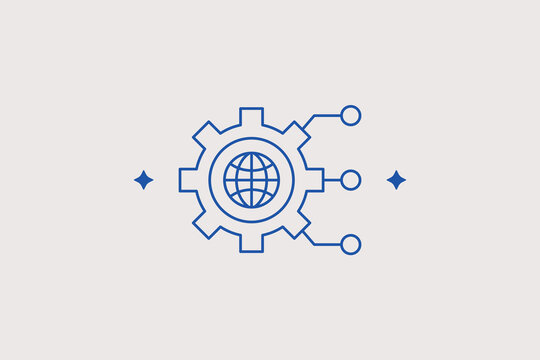 Mechanical gear wheel wrapped around global planet earth mesh grid line icon for international logistic routing grid, automated supply chain technology. Neat vector illustration for worldwide operatio