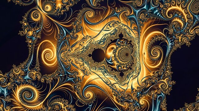 Swirling Golden Fractal Pattern with Intricate Blue and Black Abstract Design Close Up