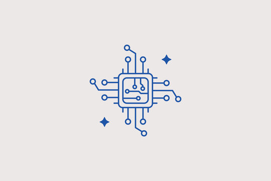 Square microprocessor cpu microchip with detailed electronic circuit paths line icon for core computer hardware development, electronics manufacturing studio. Clear vector illustration for tech compon