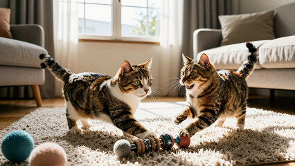 Plakat Two playful tabby cats enjoying their toys in a cozy sunlit home