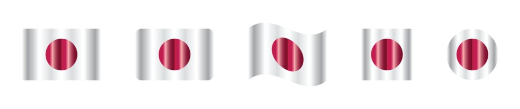 Japan flag glossy icon pack featuring gradient variations with rectangle rounded square and circle vector illustration
