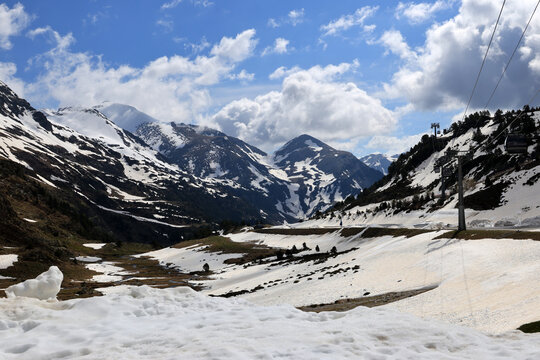 Mountain landscape in spring in the Ordino-Arcalis ski resort in Andorra