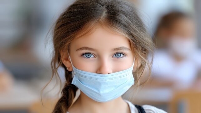 Young Girl with Blue Eyes Wearing a Face Mask in a Classroom Setting During the Pandemic