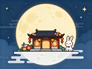Naklejka premium An illustration of a full moon night with a traditional Chinese pavilion adorned with lanterns and flowers, and a cute rabbit beside it, representing mid-autumn festival.