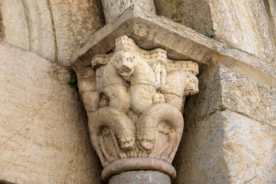 Gothic capital of the church of Sant Jaume de Vilafranca de Conflent in the medieval town Villefranche-de-Conflent, France