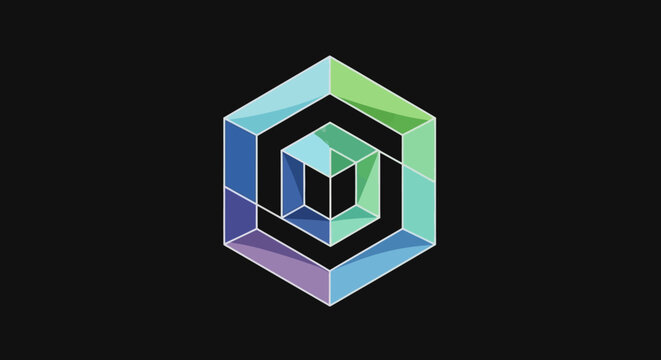 Colorful isometric hexagon logo on black background