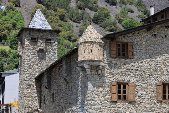 Corner tower of the Casa de la Vall or House of the Valley in Andorra la Vella, Andorra