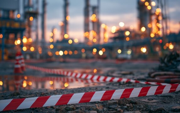 Industrial Zone View of Hazard Tape Marking Accident Area at Dusk
