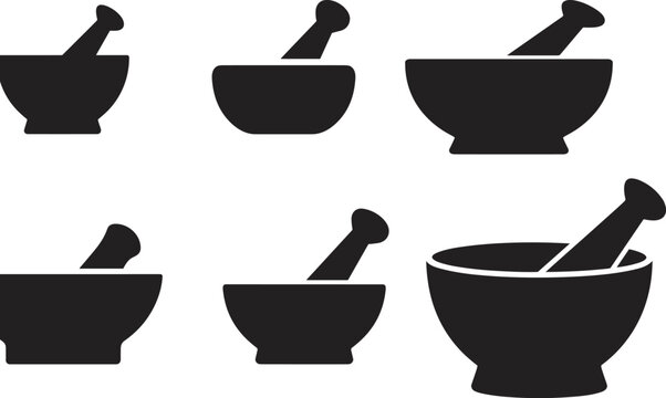 Silhouette mortar and pestle collection for herbal medicine, cooking, and pharmacy concepts in minimalist black design