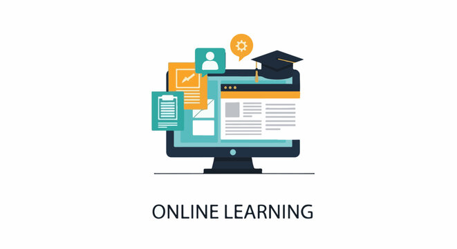 Online learning graphic with computer, graduation cap, and documents