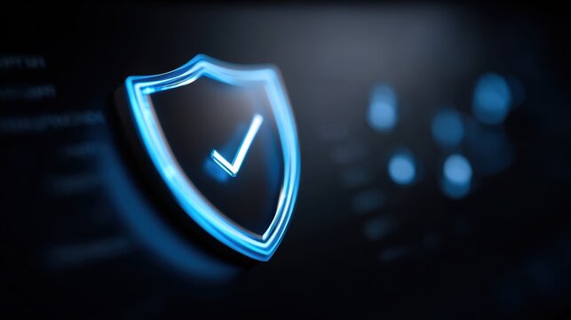 Digital Shield Icon with Checkmark on Dark Background for Security and Protection Themes in Technology Concepts
