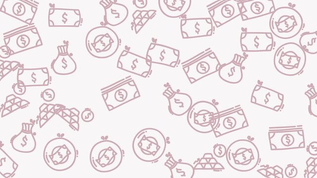 Multiple dollar banknotes, coins, pouches, gold bullion icons in a seamless pink and white pattern. Suitable for financial designs.