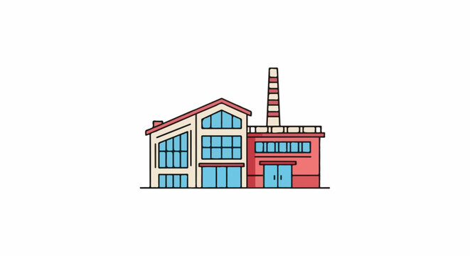 Stylized factory building with a tall striped smokestack and large windows