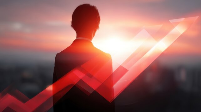 Businessman Watching Sunrise with Graph Growth Rise Over City Skyline, Symbolizing Success and Opportunity in Finance
