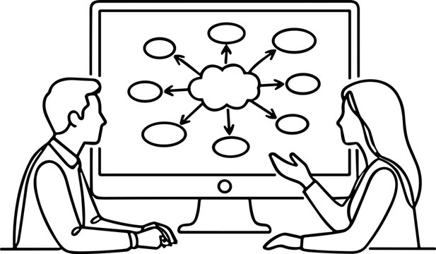 Team brainstorming ideas on computer screen with mind map diagram illustration