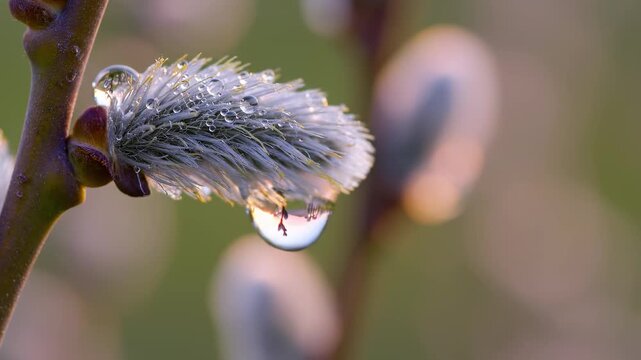 AI generated 4k video of pussy willow bud with morning dew drops under soft sunlight.