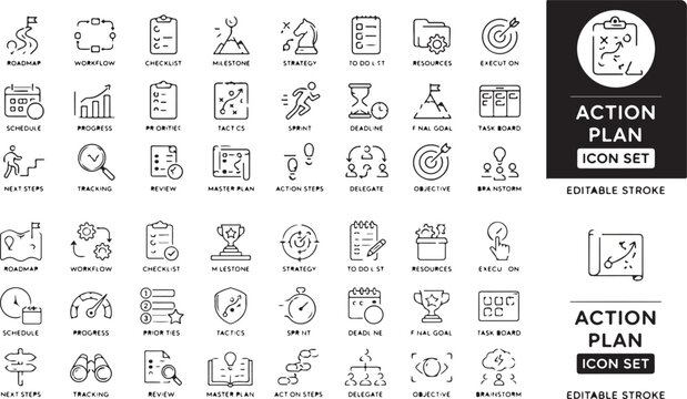 Action Plan and Project Management Line Icons Set, Workflow Roadmap Checklist Strategy Vector Collection