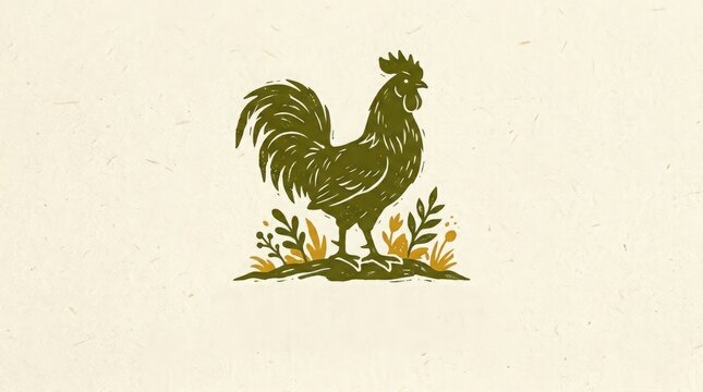A modern minimalist logo featuring a majestic rooster standing proudly on grass with lush foliage and vibrant flowers.