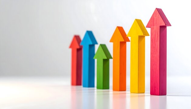 Flechas de colores ascendentes sobre fondo claro en concepto de crecimiento, progreso y desarrollo empresarial