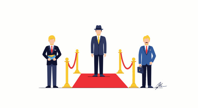 Three suited men stand on red carpet with gold stanchions