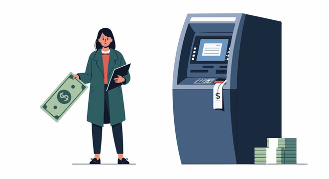 Person with dollar bill and folder near ATM with receipt and cash