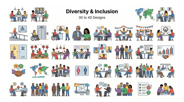 Inclusive diversity at workplace vector graphics collection with diversity inclusion workplace business collaboration equality professional management cooperation partnership discussion