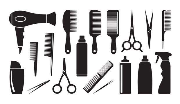 Hairdressing tools silhouettes. hair salon equipment vector icons collection.